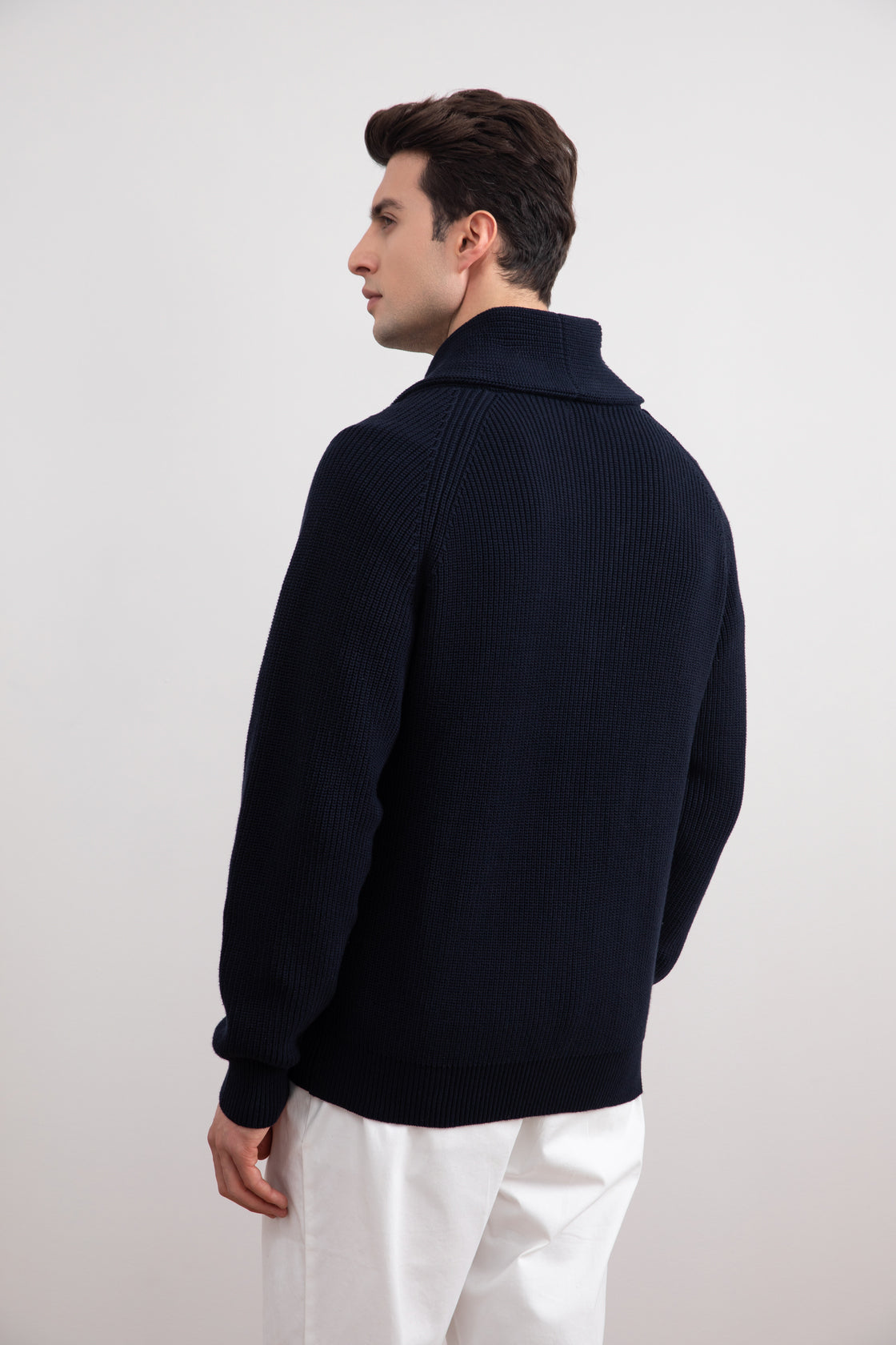 Navy Shawl-Collar Ribbed Cardigan
