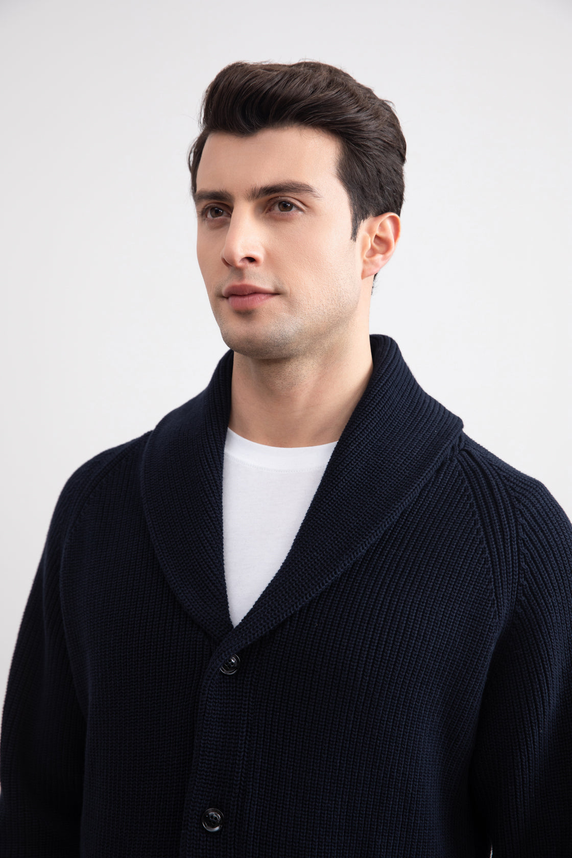 Navy Shawl-Collar Ribbed Cardigan