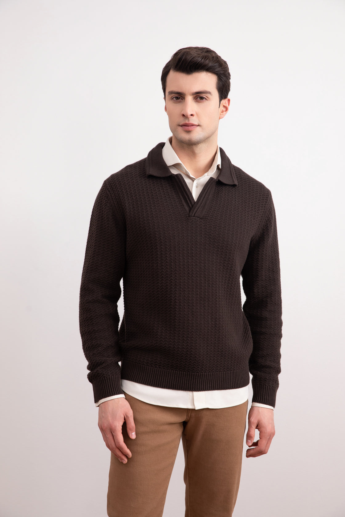Dark Brown Textured Open Polo Sweater