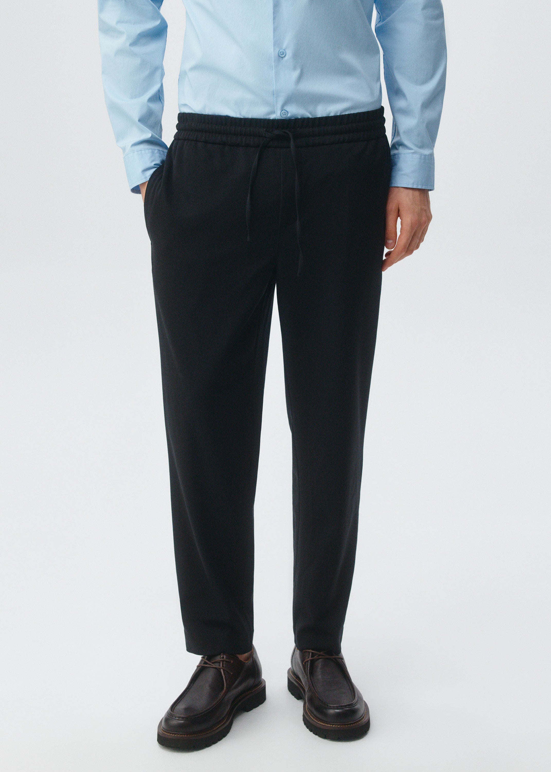 ELASTIC WAISTBAND SLIM FIT TROUSERS WITH MID RISE BLACK