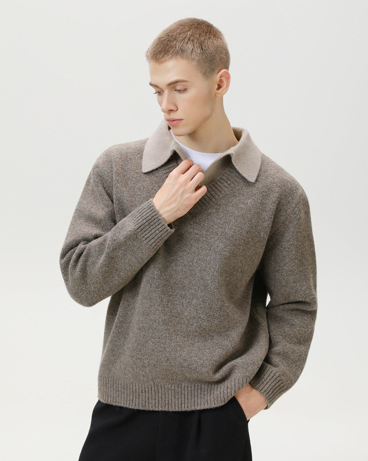 Wool Blend Collar V-Neck Knit Sweater
