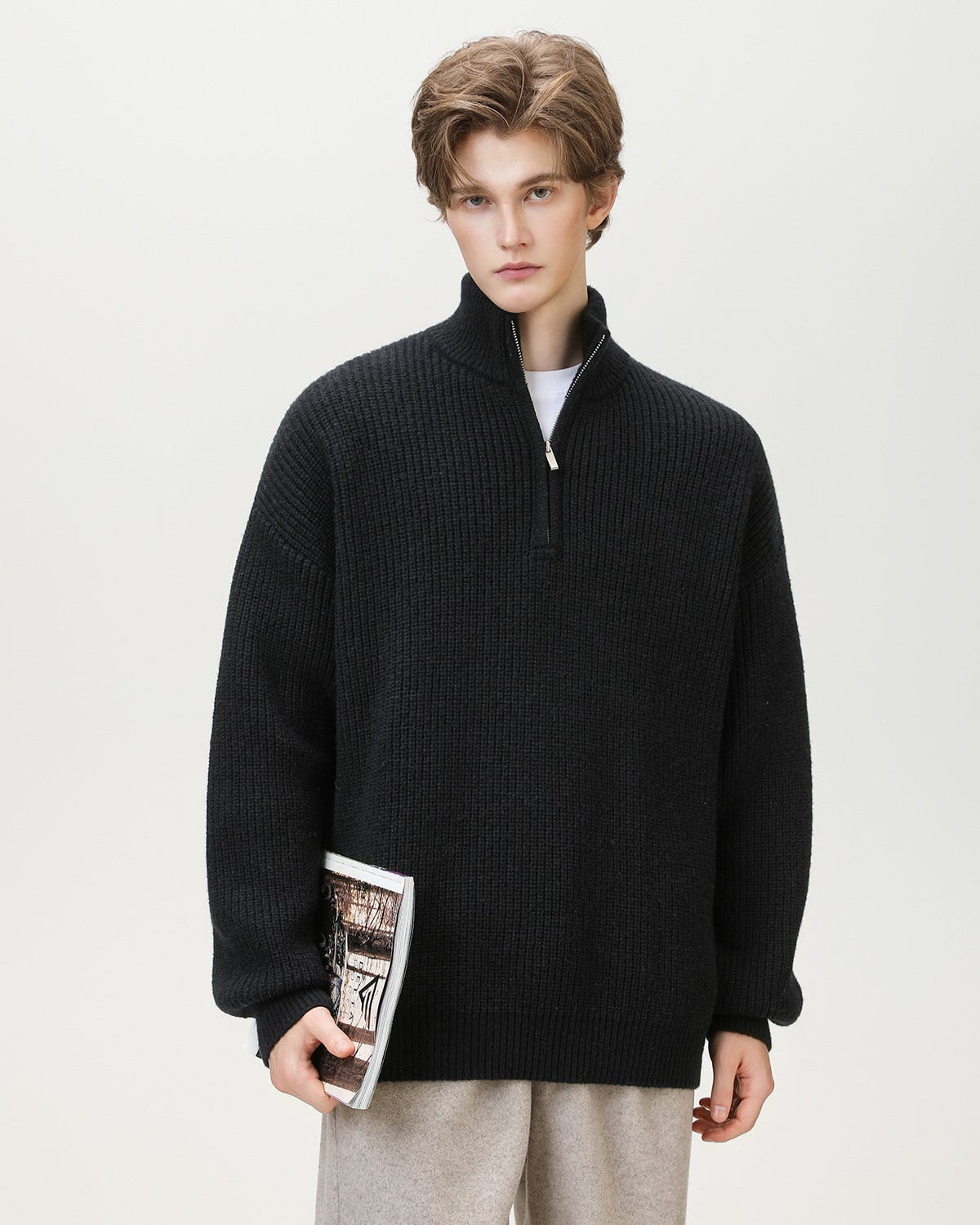 Half-Zip Collar Ribbed Knit Sweater