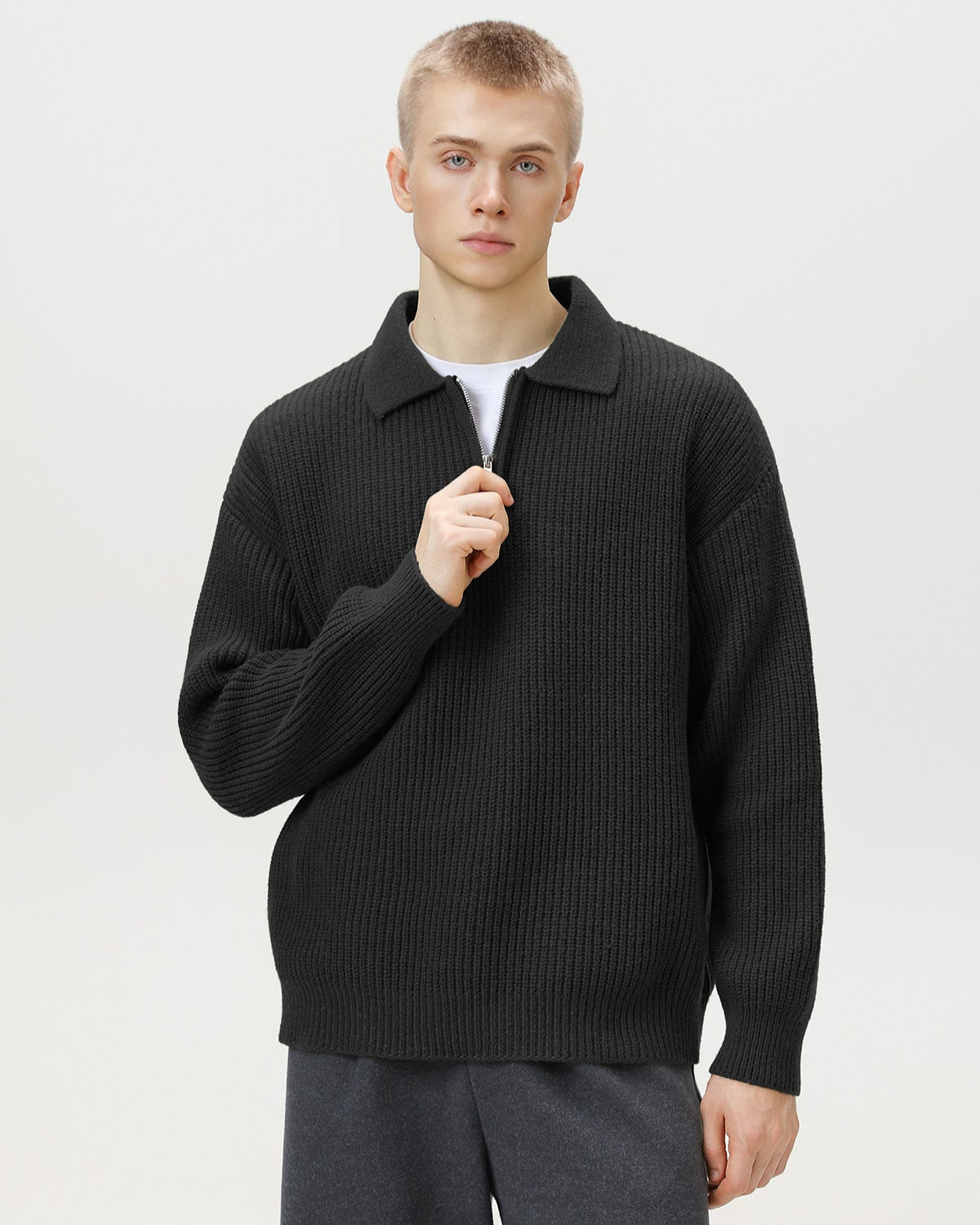 Ribbed Half-Zip Knit Polo Sweater