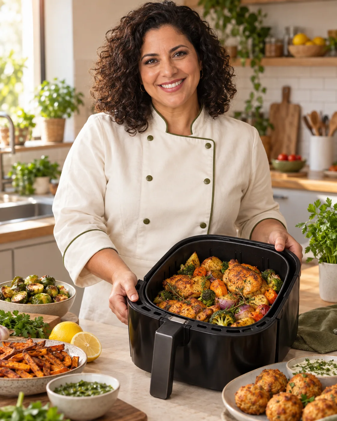 La chef Marina Alves presentando una receta hecha en la freidora de aire