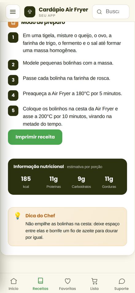 Calorías y consejo del chef